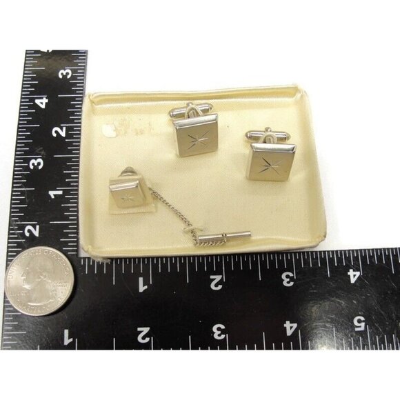 Tradition Silver Tone Cufflink Matching Tie Set Formal Wedding Tux Vintage IOB - Picture 5 of 16